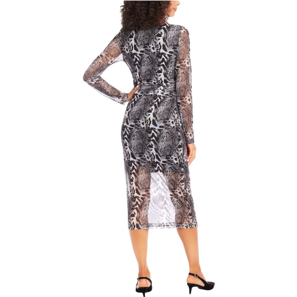148$ Karen Kane Mesh Side Shirred Midi Party Cocktail Dress Size M Black White - Picture 2 of 3